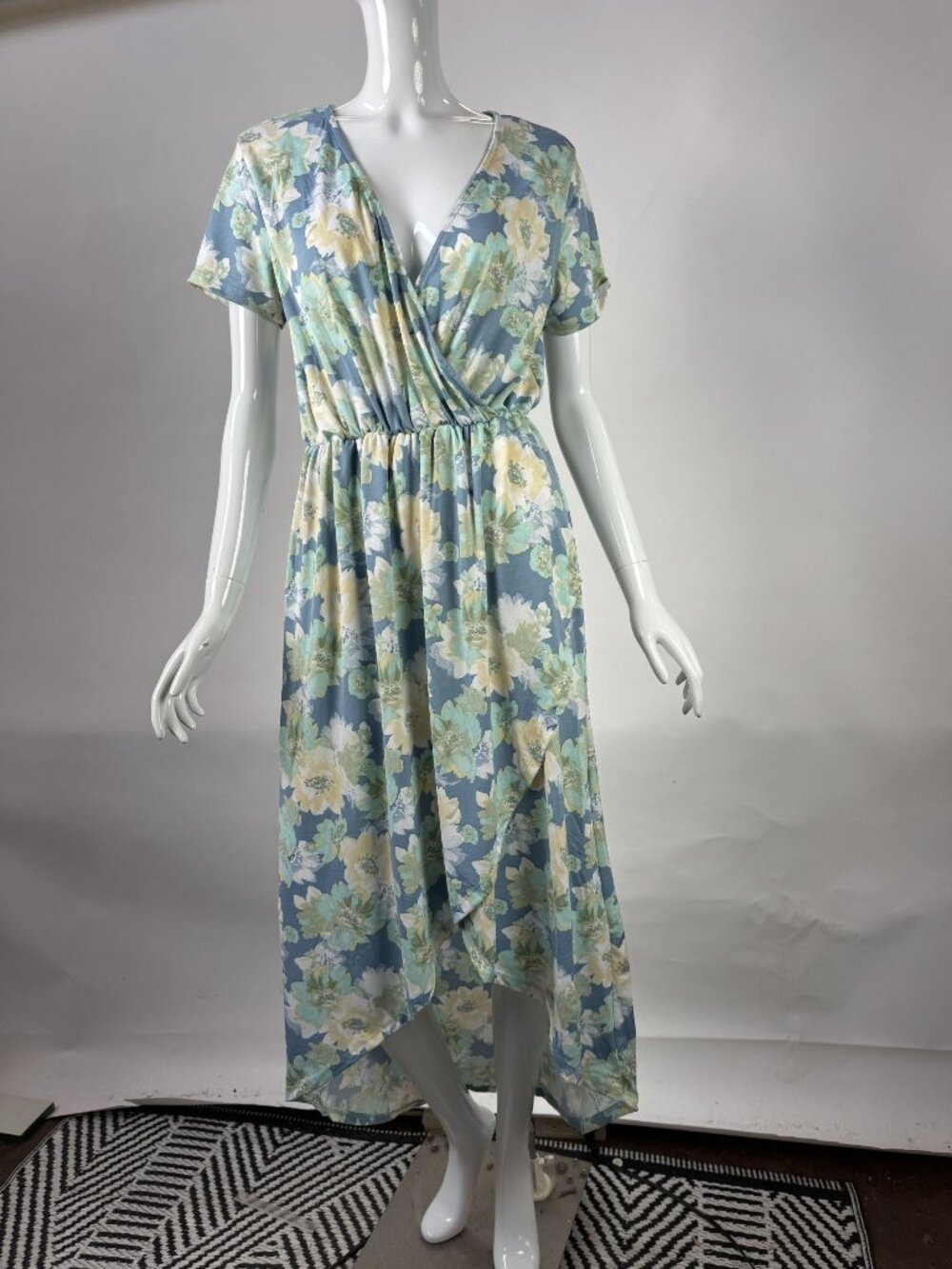 Floral Blue Wrap Maxi Dress By Fifth Ray M Polyester Blend  Made In USA
